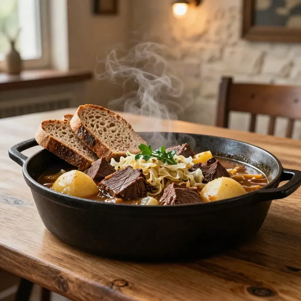 Braised beef stew with potatoes and cabbage in cast iron, beside rye bread, in warm late-afternoon light.