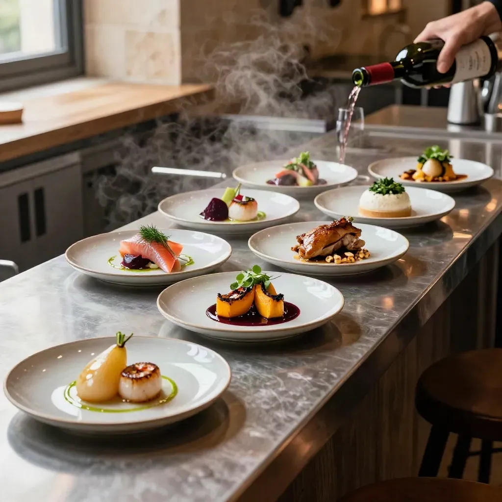 Six-course tasting menu plates with microgreens, sauces and a poised wine pour on a restaurant counter.