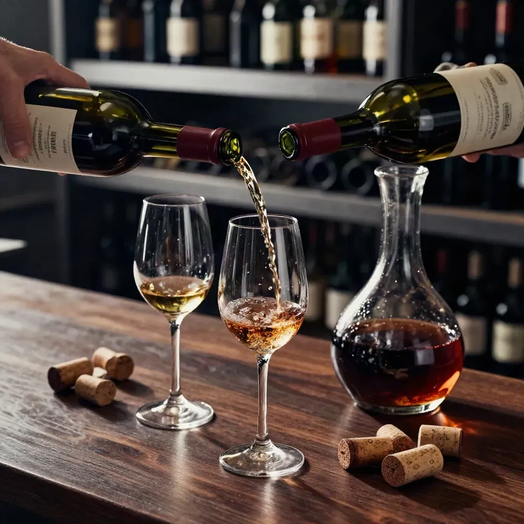 Wine pairing still life with pouring red wine, glasses, decanter, and corks on dark wood.