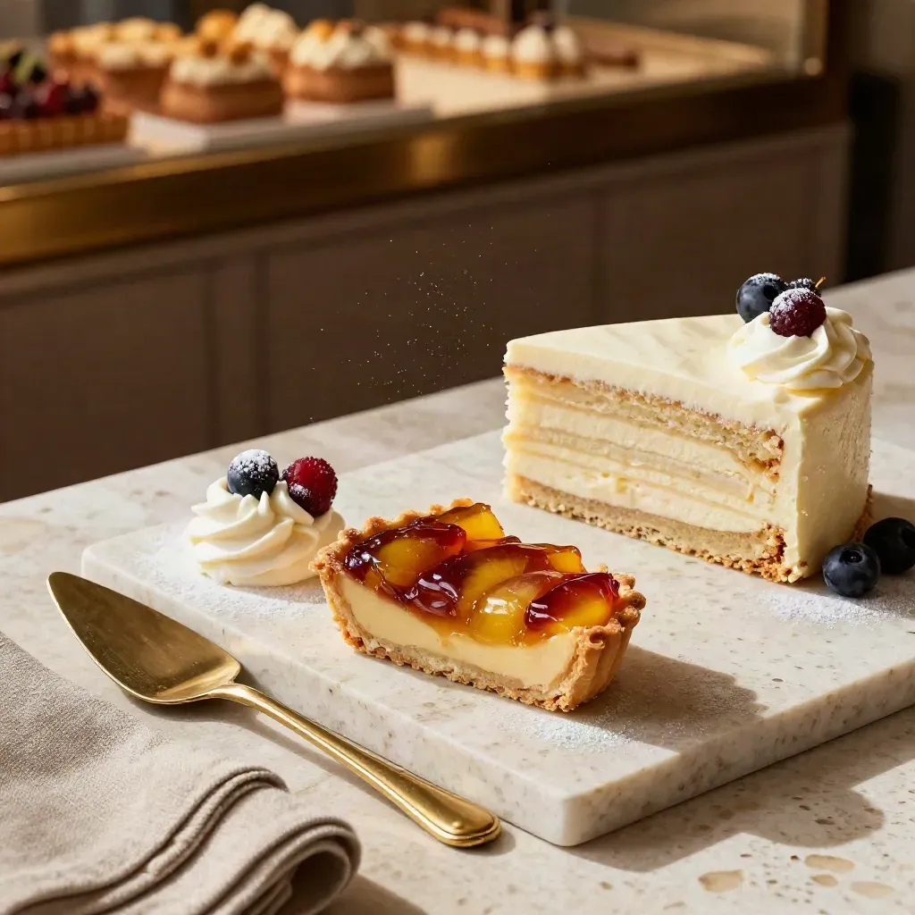 Glazed tart, layer cake, cream quenelles and berries on pale stone in warm bakery light.