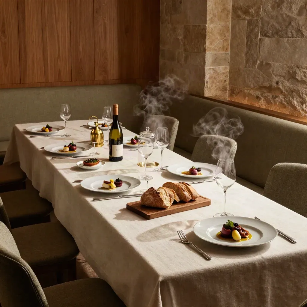 Empty fine-dining room with tasting menu plates, wine, bread, dessert cloche, and rising steam.