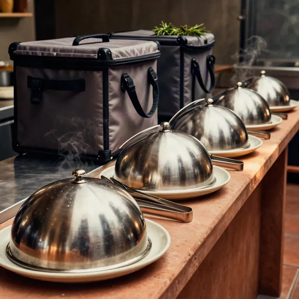 Catering trays, domes, and insulated carriers stacked for event delivery in warm terracotta light.