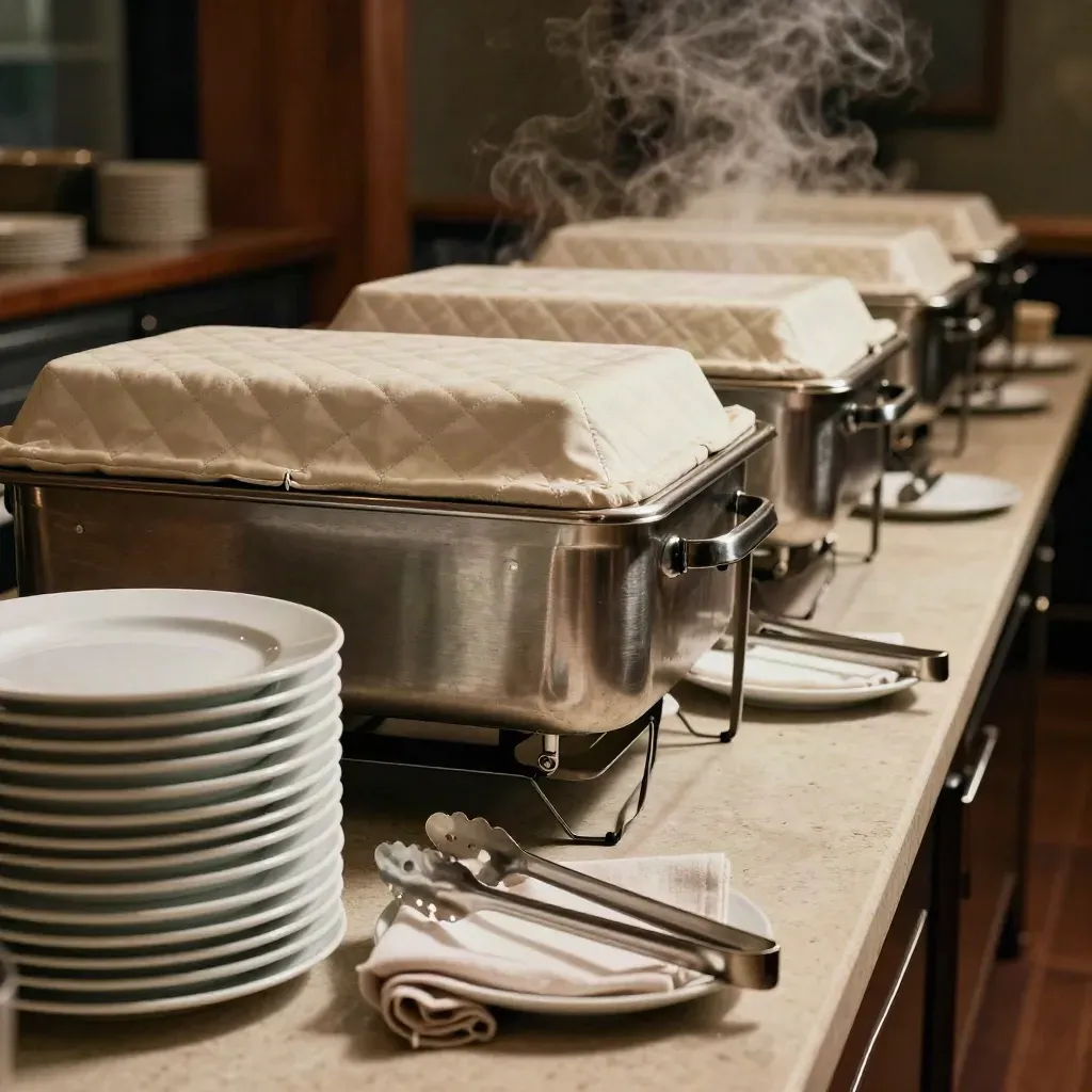 Catering buffet line with stacked platters, insulated carriers, and steaming trays ready for launch delivery.