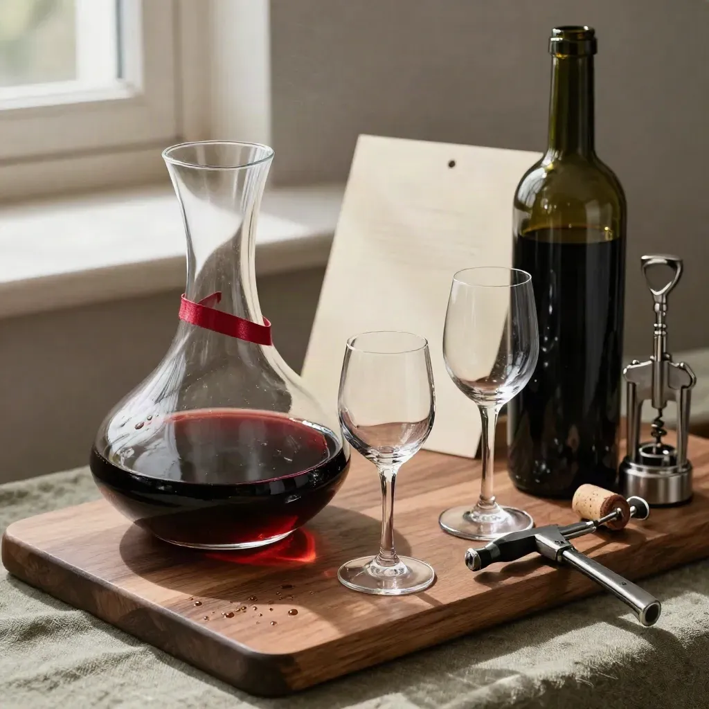 Sommelier still life with decanter, bottle, corkscrew, and tasting glasses on walnut wood.