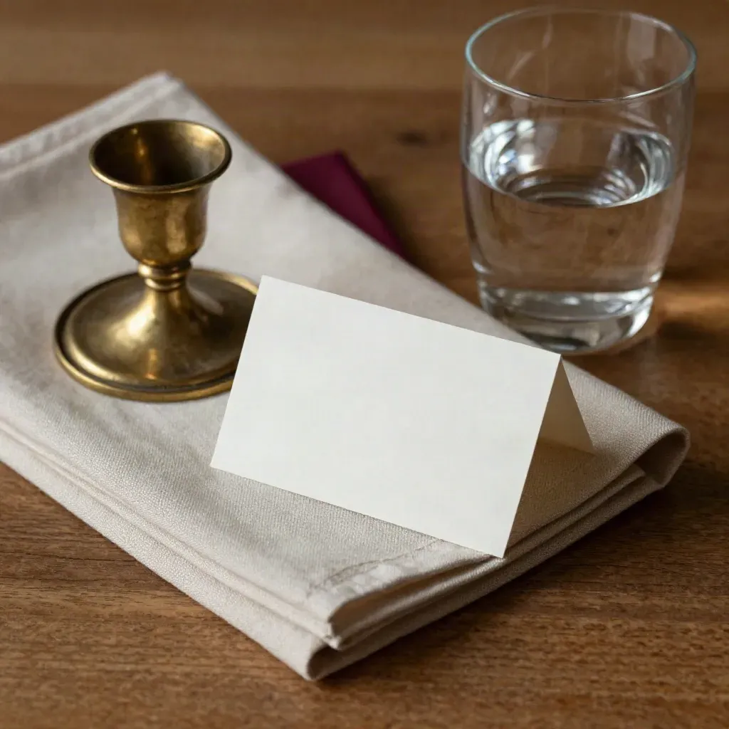 Folded linen, face-down place card, candleholder, and water glass on brushed wood in soft side light.